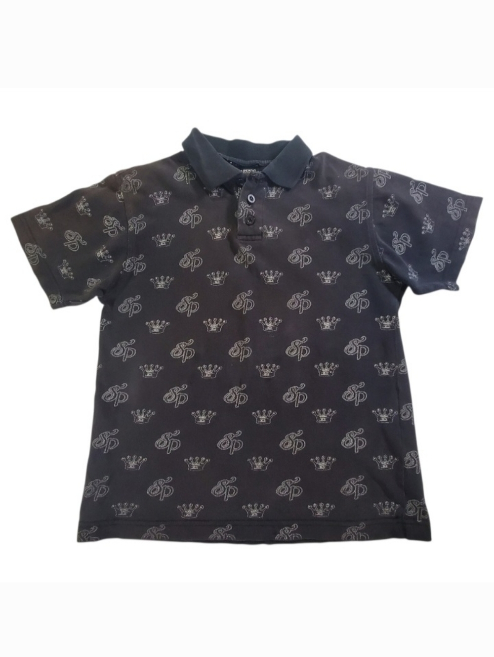K1397 * South Pole Boys Polo Shirt Black All Over Crown Print Y2K Size S 8-10